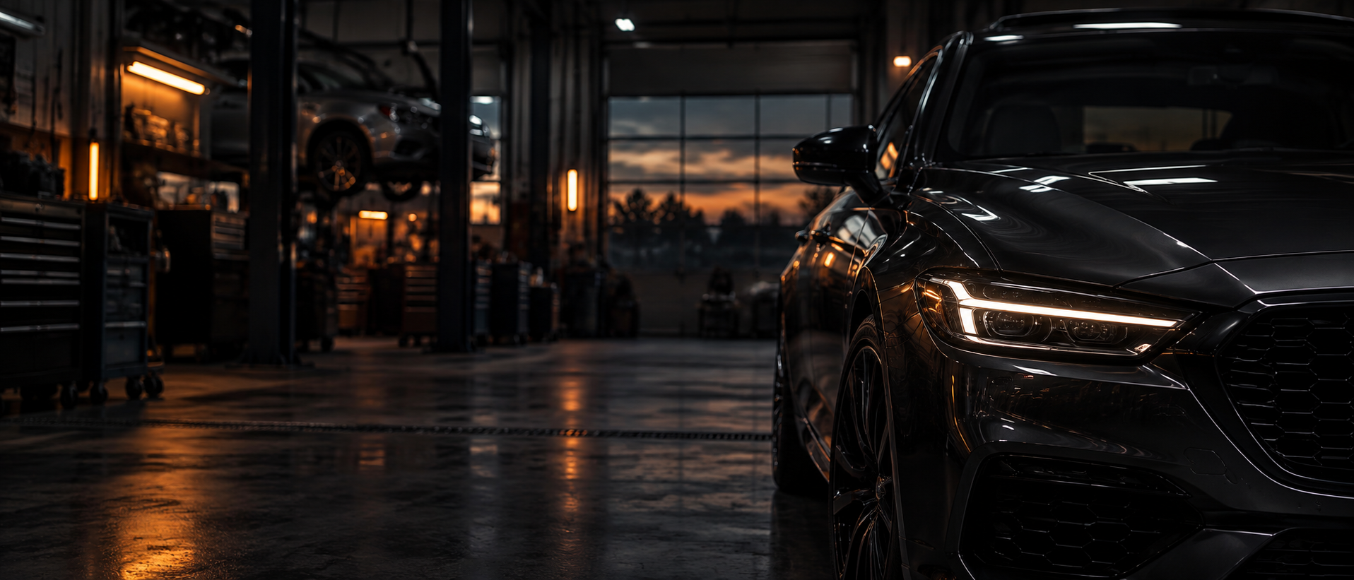 Dark automotive workshop interior with a black vehicle in the foreground