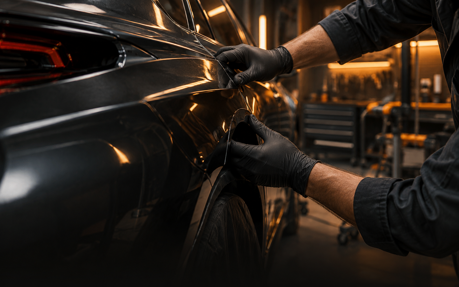 Technician performing collision and auto body repair on a vehicle